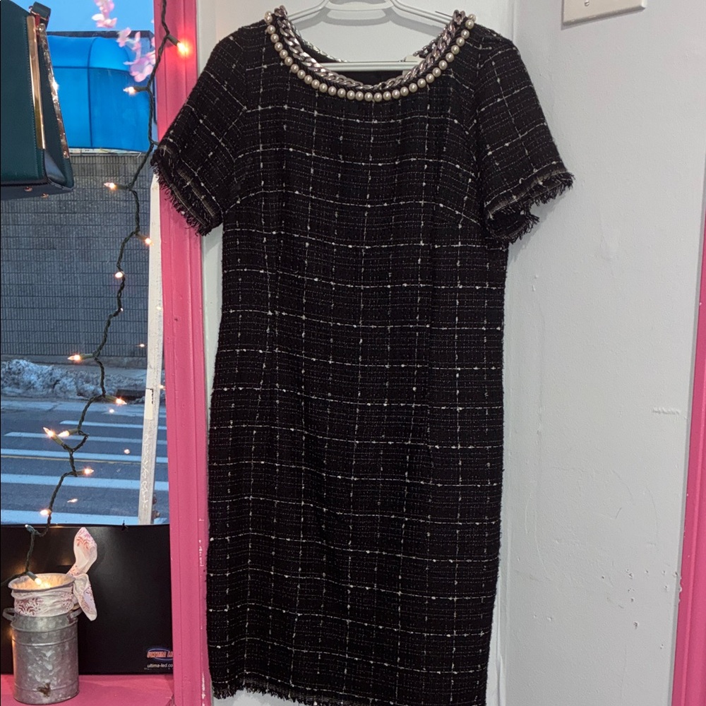 Chetta B Black Tweed Shift Dress with Pearl Neckline